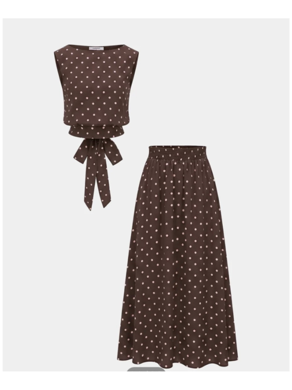 Commense Brown Polka Dot Midi Skirt Top Set Size M 90s Minimalist Elevated - Picture 2 of 11